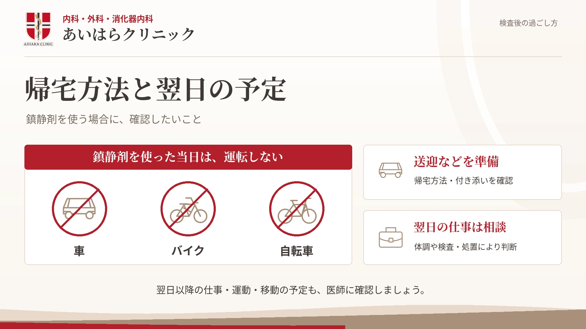 鎮静剤を使った大腸カメラ検査後の注意点として、当日の車・バイク・自転車の運転禁止、送迎の準備、翌日の仕事予定の相談を示した図。