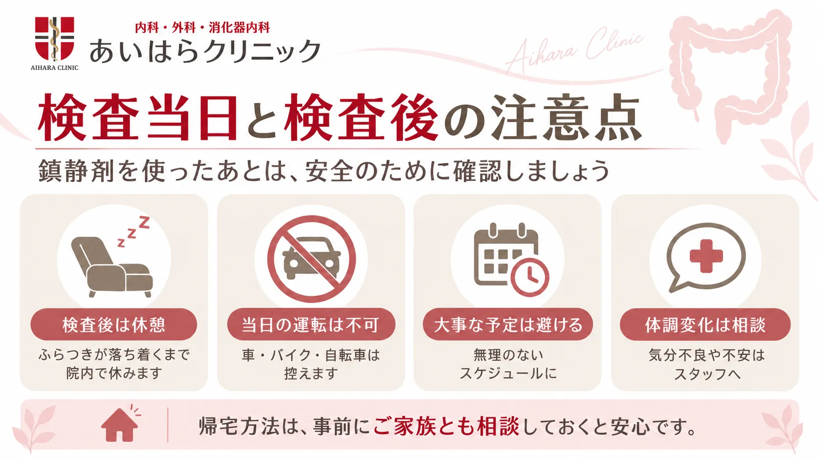鎮静剤を使用した大腸カメラ検査後の休憩、当日の運転不可、大事な予定を避けること、体調変化の相談を示した図。