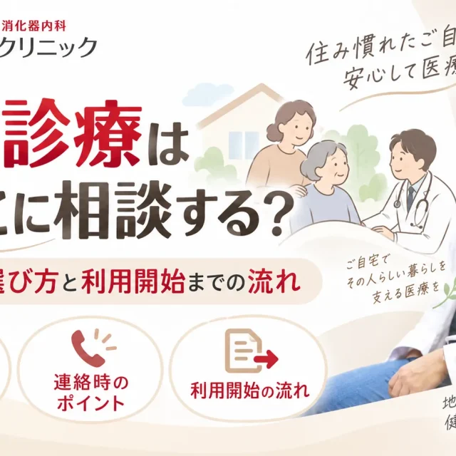 訪問診療はどこに相談する？相談先の選び方、連絡時のポイント、利用開始までの流れを案内する画像。